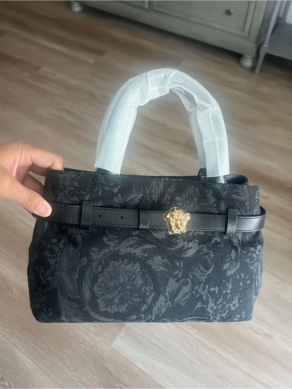Versace Black Jacquard Top-Handle Bag with Gold Medallion